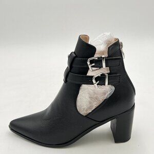 Black Pointed Toe Pointed Toe Cut Out Chunky Heels Buckle Ankle Strap Ankle Boot